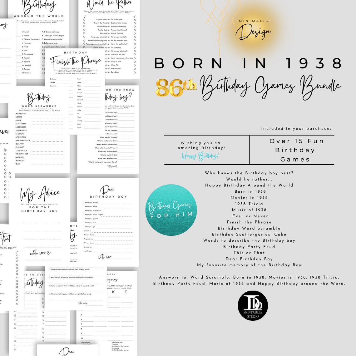 Born in 1938 86th Birthday Party Games Bundle for Him Printables ...