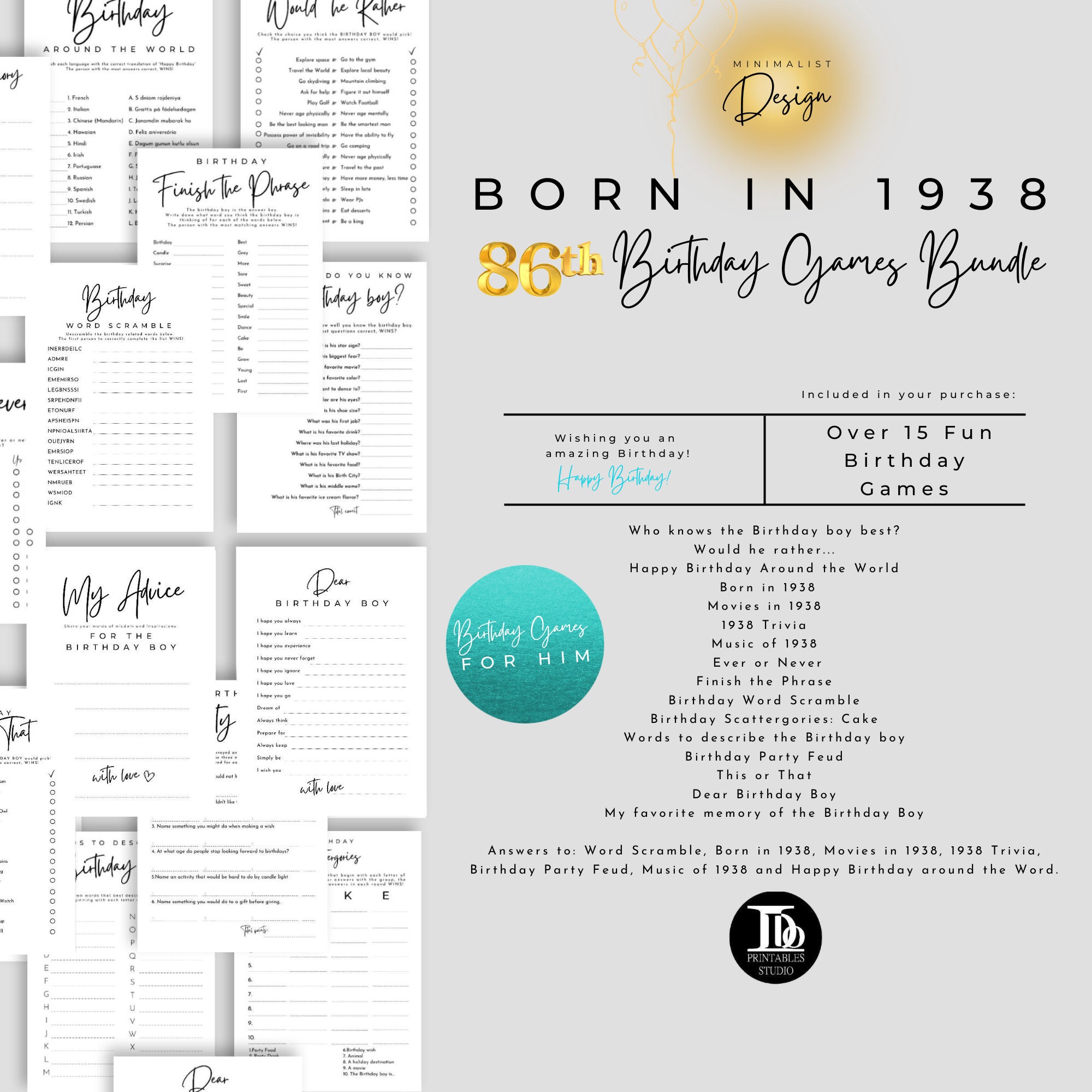 Born in 1938 86th Birthday Party Games Bundle for Him Printables ...