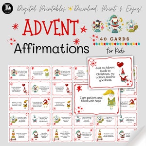 Afirmaciones de Adviento para niños / Tarjetas de calendario de Adviento con cuenta regresiva navideña para niños / ¡Tarjetas de actividades de Adviento divertidas e imprimibles sobre hábitos navideños!