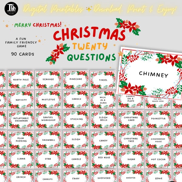 Christmas Twenty Question Game Cards | Christmas Dinner Table Party Activity | Family Christmas Tradition | December Holiday Fun Printable!
