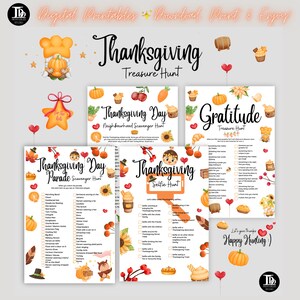 Könnte beinhalten: Eine Sammlung von druckbaren Spielen zum Thema Thanksgiving, darunter eine Schatzsuche, eine Nachbarschafts-Schnitzeljagd und eine Selfie-Jagd. Die Designs zeigen Kürbisse, Herbstblätter und festliche Illustrationen. Der Text "Digital Printables Download Print & Enjoy" steht oben.