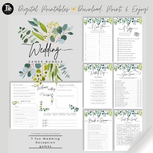 Wedding Day Games Bundle for Guests | Botanical Greenery Design | Wedding Table Games | Wedding Day Favours | Fun Reception Quiz Games!