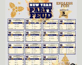 New Year Party Friendly Feud | New Year&#39;s Eve Group Game Cards | Printable Family Trivia | New Year Quiz | Fun December Family Games Night!