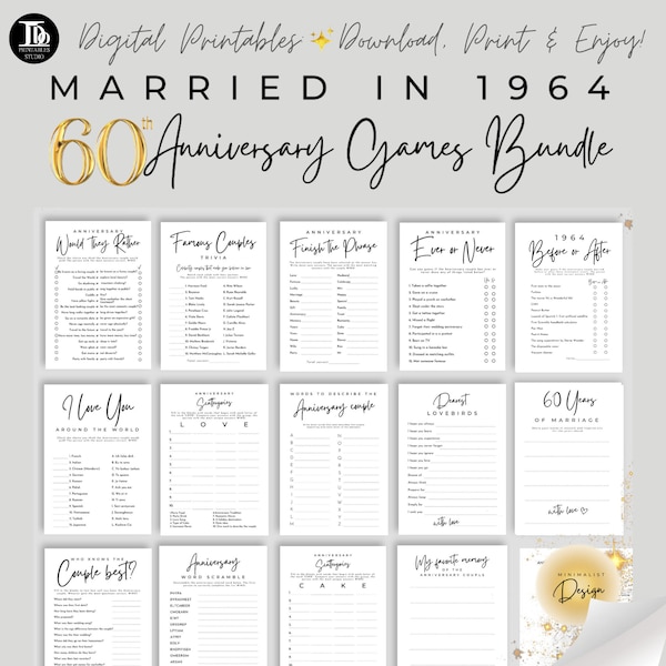 60th Wedding Anniversary Games Bundle Married in 1964 | Diamond Anniversary Party | Minimalist Design 14 Fun Party Printable Games!