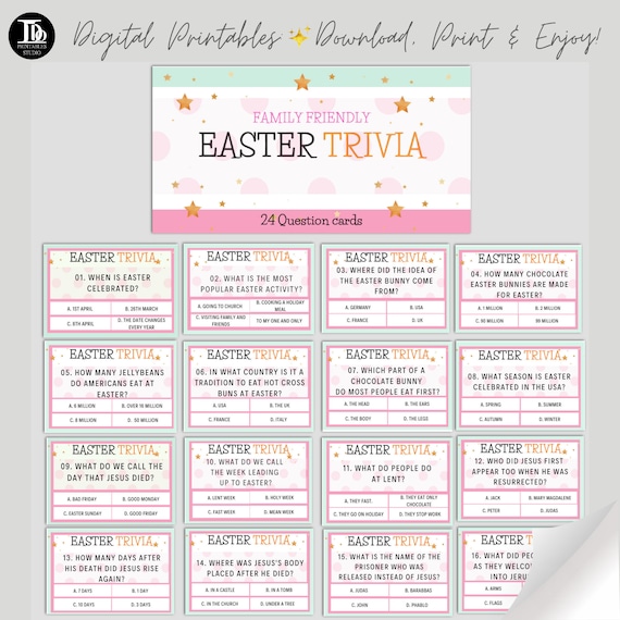 Easter Quiz / Easter Trivia / Family Friendly Easter Game / Kids and Adult Activity/ Easter Question ans Answer Cards/ Indoor Easter Fun!