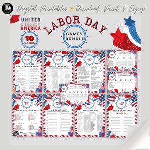 Paquete de 10 juegos del Día del Trabajo / Juegos de fiesta de verano / Trivia / Scattergories / Juegos de reunión familiar / Juego de fiesta patriótica / ¡Concurso divertido sobre Labor USA!