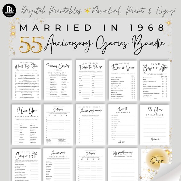 55th Wedding Anniversary Games Bundle Married in 1968 | Emerald Anniversary Party | Minimalist Design 14 Fun Party Printable Games!
