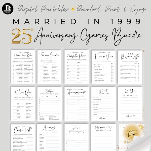 25th Wedding Anniversary Party Games Bundle Married in 1999 | Anniversary Party | Minimalist Design 14 Fun Party Printable Games!