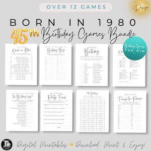 Paquete de juegos de cumpleaños para nacidos en 1980 / Paquete de juegos para fiesta de cumpleaños número 45 para él / Juegos de cumpleaños imprimibles / Fiesta de cumpleaños número 45 para él