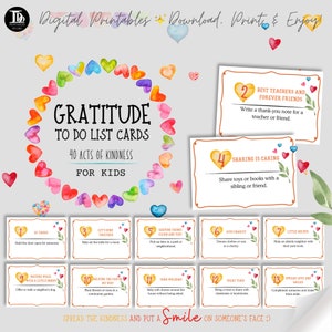 40 actos de bondad Tarjetas de ideas de gratitud para hacer para niños / Actividad de cuenta regresiva para las fiestas para niños Tarjetas imprimibles de Acción de Gracias o Adviento Divertidas