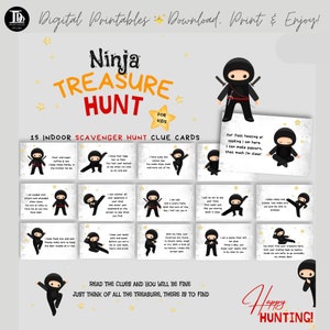 Búsqueda del tesoro ninja para niños / Tarjetas de pistas de búsqueda del tesoro imprimibles / Búsqueda de regalos de fiesta de cumpleaños ninja / Actividad de búsqueda actual / Tarea de juego de roles