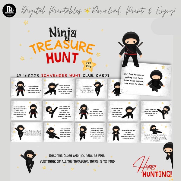 Ninja Treasure Hunt for Kids | Printable Scavenger Hunt Clue Cards | Ninja Birthday Party Gift Hunt | Present Hunt Activity | Role Play Task