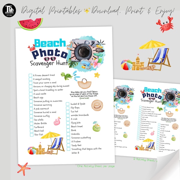 Beach Photo Scavenger Hunt For Kids | Beach Treasure Hunt | Seaside Birthday Game| Outdoor scavenger Hunt Game| Printable I Spy for Children