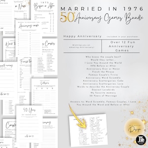 50th Wedding Anniversary Games Bundle Married in 1976 | Golden Anniversary Party | Minimalist Design 14 Fun Party Printable Games! image 2