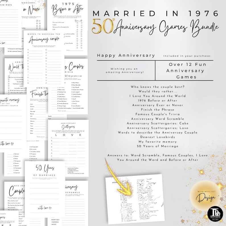 50th Wedding Anniversary Games Bundle Married in 1976 | Golden Anniversary Party | Minimalist Design 14 Fun Party Printable Games! image 2