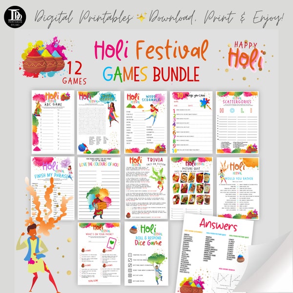 Holi Festival Games Bundle | Family Holi At Home | Holi Activities fo Kids | Class Holi Activities Pack | Fun Printable Holi Games Gift!
