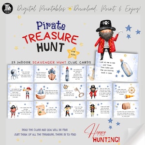 Jeu de chasse au trésor pirate pour enfants | Chasse au trésor intérieure | Jeu de fête pirate | Cartes indices imprimables | Jeux d'énigmes | Plaisir de la chasse au trésor !