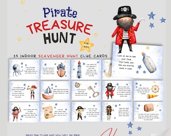 Piratenschatzoeken spel voor kinderen | Binnenspeurtocht | Piratengezelschapsspel | Afdrukbare aanwijzingskaarten | Raadselspellen | Schatzoeken leuk!