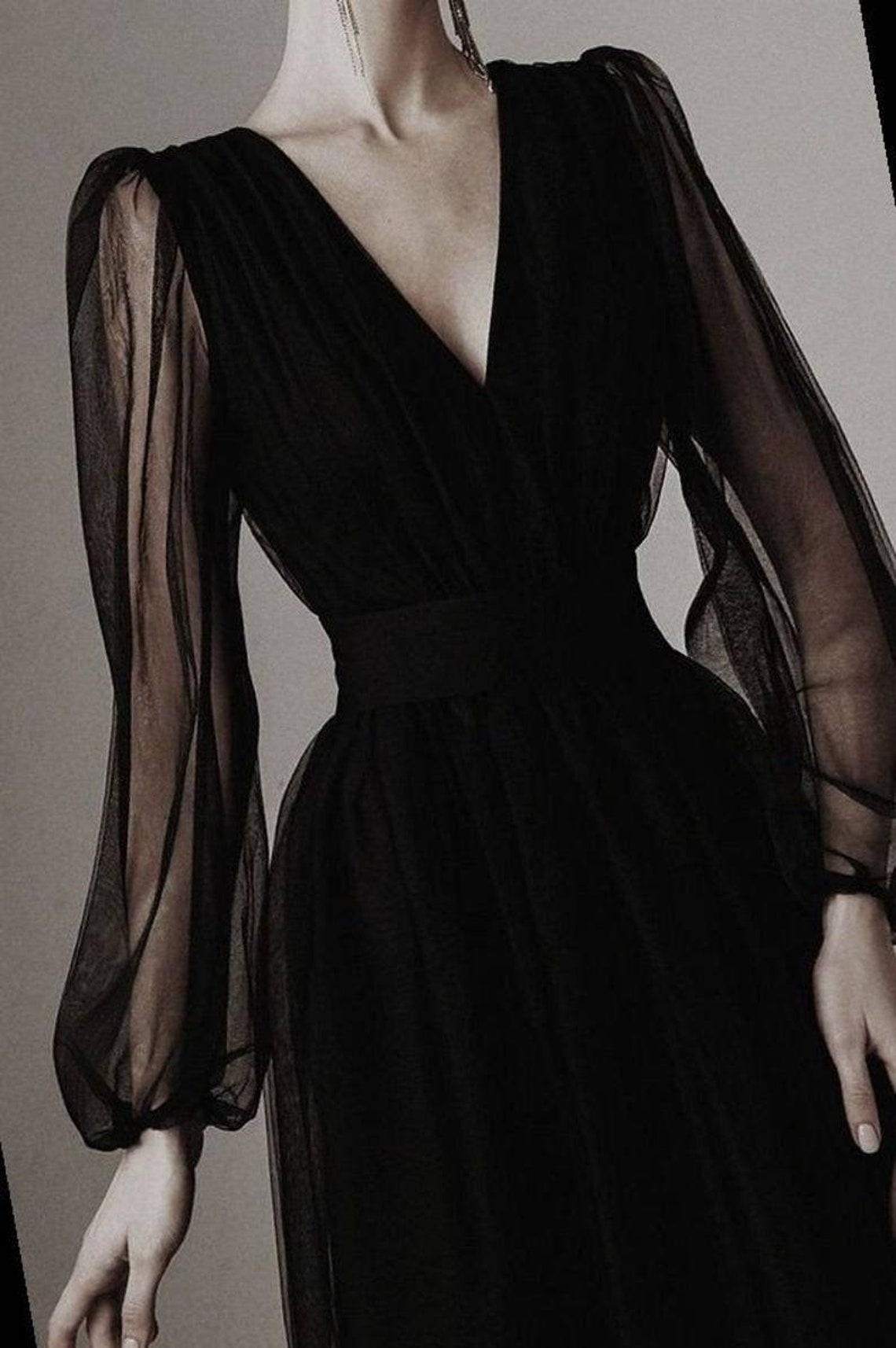 Black V neck sheer sleeve dress sexy prom dress | Etsy