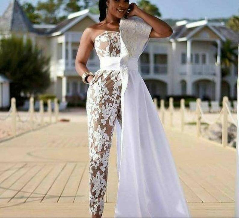 White Womens prom wedding jumpsuit,white prom jumpsuit with train,prom dress,African jumpsuit,womens party jumpsuit,white romper for women