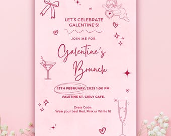 Bewerkbare Galentine's Day-uitnodigingssjabloon | Galentinebrunch: perfect voor Valentijnsdag, Girls Night, met handgetekende doodle