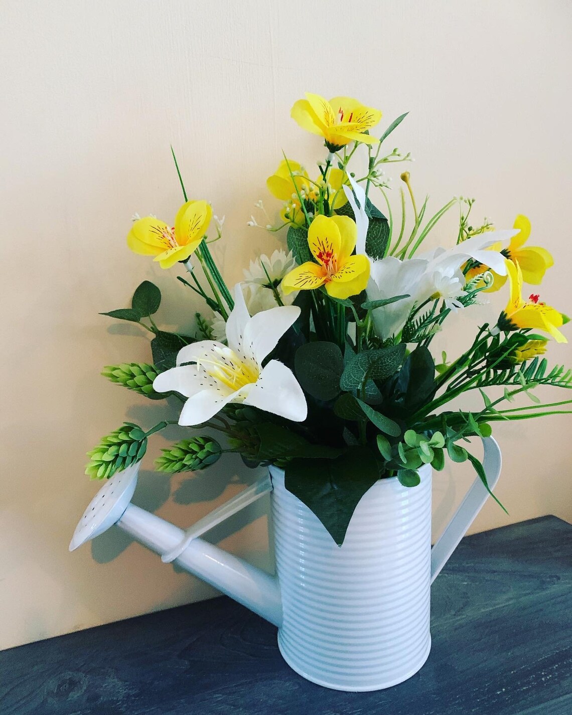 Watering can filled with artificial summer flowers. White Etsy