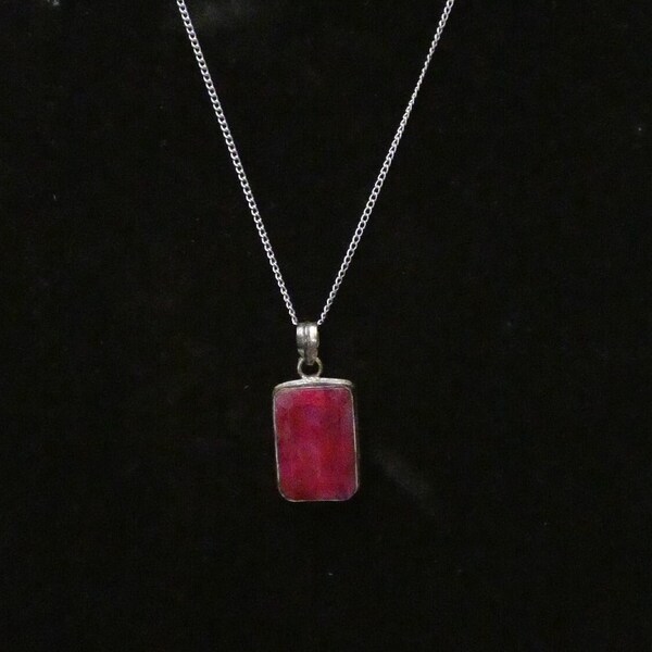 Vintage 925 Silver Pendant With Large Raw, Rough Cut Ruby on Silver Tone Necklace Chain