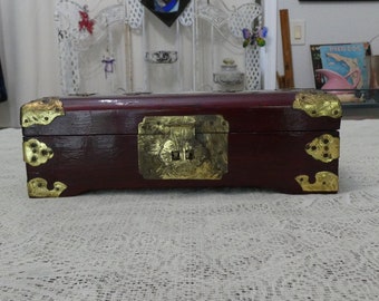 Vintage Asian Style Jewelry or Trinket Box, Jade Inserts with Brass Fittings, Red and Gold Fabric Inside