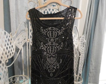Vintage LM Collection Beaded and Sequined Art Deco Flapper Style, Black Sleeveless Party Dress Size 10