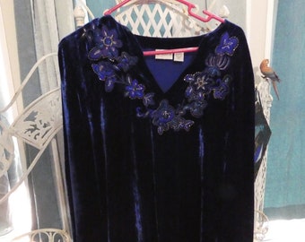 Vintage Chico Blue Velvet Long Sleeve Blouse With Blue Beaded Flower Design Size 2
