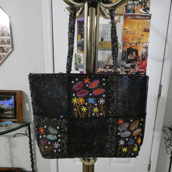 Vintage Beaded Bag Purse Pocketbook Black with Multi Color Artful Bead Work of Flowers and Butterflies