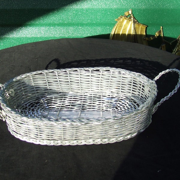 Vintage Silver Tone Woven Metal Basket with Handles