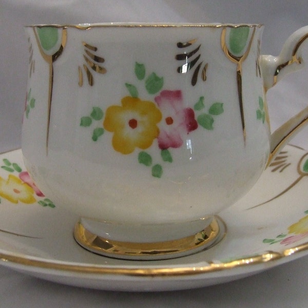 Vintage Phoenix China Made in England Ceramic Tea cup and Saucer Flower Design with Gold Trim