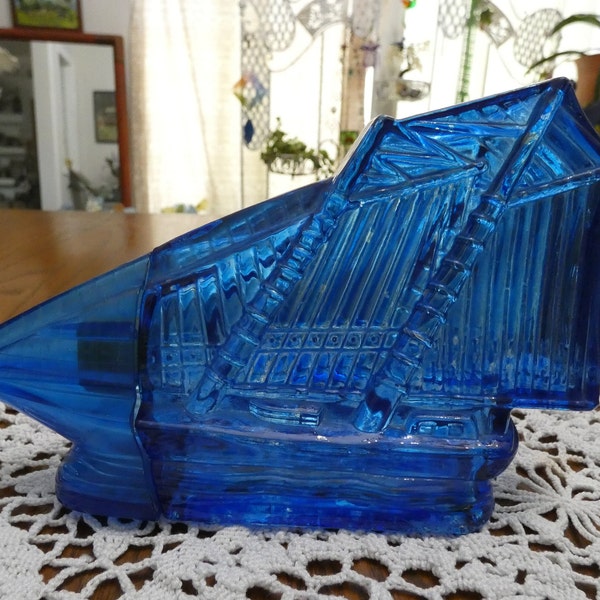 Vintage Avon Blue Glass and Plastic Sailing Ship or Boat Aftershave Bottle, Nautical, Coastal or Lakeside Decoration