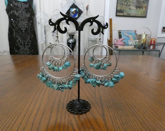 Vintage Large Chunky Pieced Earrings Silver Tone Metal with Turquoise Beads