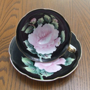 Vintage Ceramic Tea Cup and Saucer Made in Occupied Japan Black with Pink Flower Design