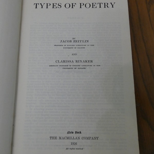 Vintage 1926 Hardback Book "Types of Poetry" by Jacob Zeitlin and Clarissa Rinaker A Book on the Study of Poetry