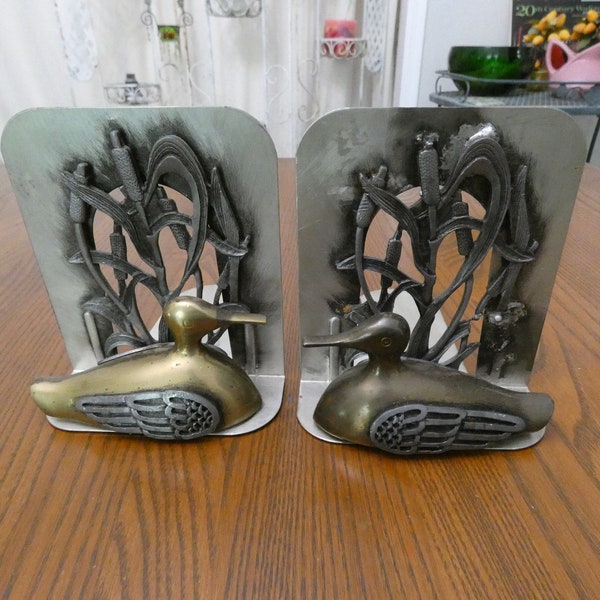 Vintage 1980 Metzke Pewter and Brass Duck Bookends Rustic,  Farmhouse, Lake Home, Lodge Decor