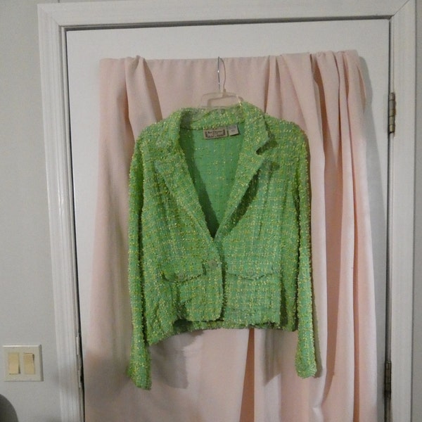 Vintage New Direction, Chanel Style, Green Button Up Tweed Jacket Size Petite XL