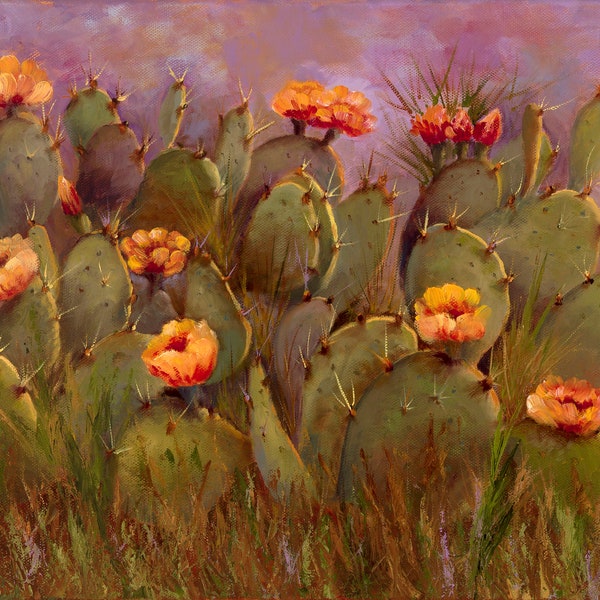 Signed Digital Art Print of Original Oil Painting 8 x 16 Inches Wall Home Décor Prickly Pear Cactus Texas