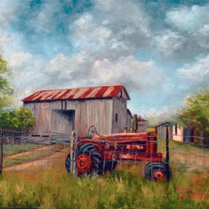 Digital download of My Original Oil Painting of My Old Barn and Tractor Texas Landscape Art