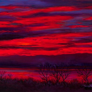 High-Quality Digital Print/Giclee of Original Painting Wall/Home Décor Matted Fine Art Red Sunset Sunrise Water Lake