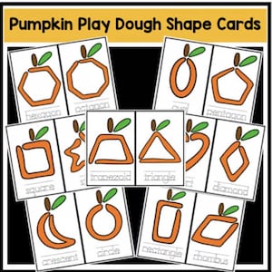 May include: Pumpkin-shaped play dough shape cards with different shapes, including a hexagon, octagon, oval, pentagon, square, trapezoid, triangle, diamond, crescent, circle, rectangle, and rhombus. Each shape is labeled with its name.