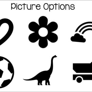 Może przedstawiać: Czarno-białe ilustracje serca, kwiatu, tęczy, piłki nożnej, dinozaura i wywrotki. Tekst "picture options" znajduje się w g&oacute;rnej części obrazu.