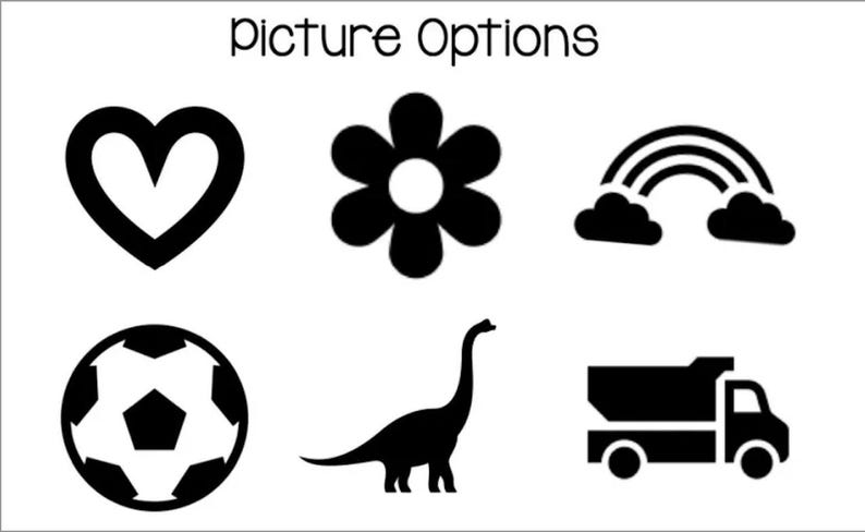 Może przedstawiać: Czarno-białe ilustracje serca, kwiatu, tęczy, piłki nożnej, dinozaura i wywrotki. Tekst "picture options" znajduje się w g&oacute;rnej części obrazu.