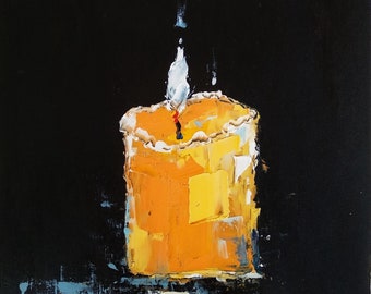 Candle Painting Religious Original Art Candle Flame Wall Art Christian Impasto Oil Painting 8by8 Still Life with Candle Artwork