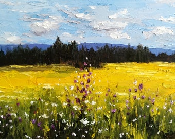 Yellow Field Painting Hillside Landscape Oil Painting Wildflower Wall Art 5by7 Mini Original Art Wheat Field Impasto Oil Painting