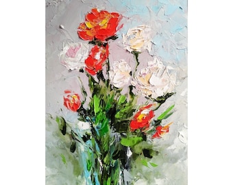 Roses Painting Red Rose Wall Art Floral Original Painting Flower Bouquet Impasto Oil Painting 5by7 Miniature Painting Floral Artwork