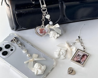 Llavero personalizable con dije / Llavero con foto de ángel y perlas / Accesorios con dije para bolso, cartera, teléfono, regalo