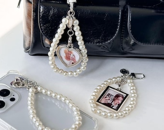 Llavero personalizable con dije / Llavero con dije de perla y foto / Accesorios con dije para bolso, cartera, teléfono, regalo